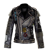 Women's Personalized Steampunk Spiked Studded Cow Skin Leather Brando Handmade Patches Punk Jacket